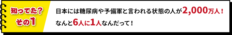 日本には糖尿病や予備軍と言われる状態の人が2,000万人!なんと6人に1人なんだって!